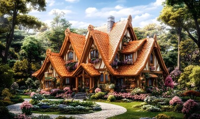 Obraz premium Fairytale Cottage in Lush Forest; Spring Blooms