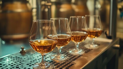 Four Glasses of Amber Liquid on a Stainless Steel Surface