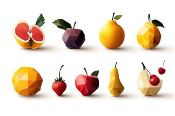 An eye-catching display of polygonal fruits like oranges, apples, and strawberries arranged artfully, reflecting a modern twist on traditional fruit imagery.