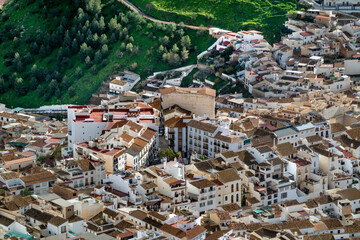 High view on the triangular Plaza Fuente Arriba in the Andalusian white town of Alora, Spain, in a...