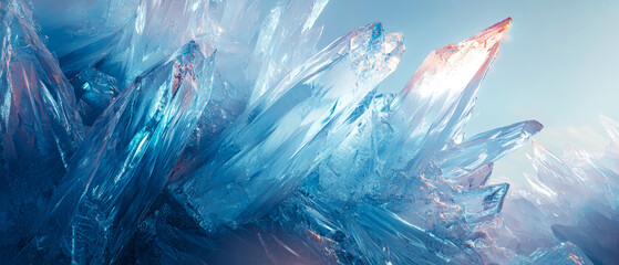 Ultra detailed crystal ice particles with sharp, faceted edges in vibrant blue tones. Close up macro shot capturing the beauty of frozen nature. Abstract winter design.Generative ai
