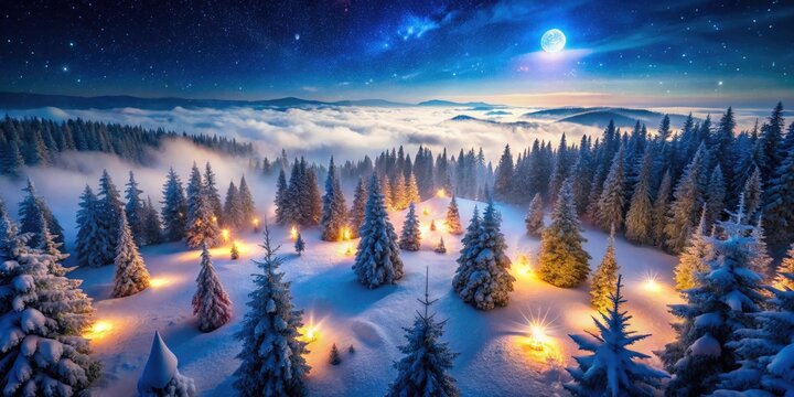 Drone's eye view: a Christmas forest transformed, twinkling lights illuminating a winter wonderland.