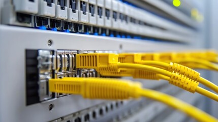 Yellow fiber optic cables connected to network server.