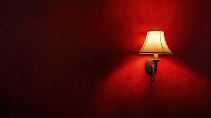 A lonely wall lamp on a deep red wall, spreading soft, moody light.