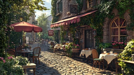 Charming French Village Street Cafe, Sunlit Cobblestone Pathway, Outdoor Seating, Flowers, Rustic Charm, Peaceful Atmosphere