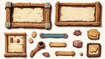 Naklejka premium Wooden UI game assets frames, signs, buttons, and scroll.