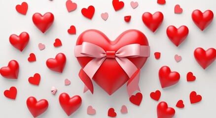 A collection of vibrant red hearts scattered across a white background, symbolizing love and warmth in a simple, elegant design.