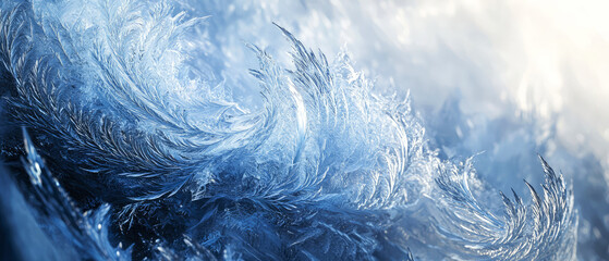 Enchanting frost patterns resembling delicate fern leaves swirl in an icy blue abstract texture. Perfect for winter themes, nature-inspired designs, and dreamy, atmospheric backgrounds. Generative ai