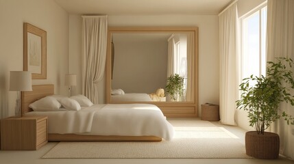 Minimalist Bedroom with Large Mirror and Natural Light
