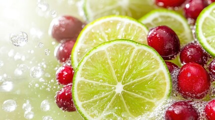 Fresh Lime Slices and Cranberries Splashing in Sparkling Water