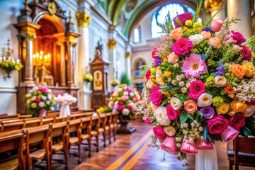 Elegant floral arrangements adorn your church wedding: bridal bouquet, altar flowers, and ceremony décor for a beautiful celebration.