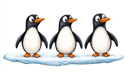Fototapeta premium Three Adorable Cartoon Penguins On Ice