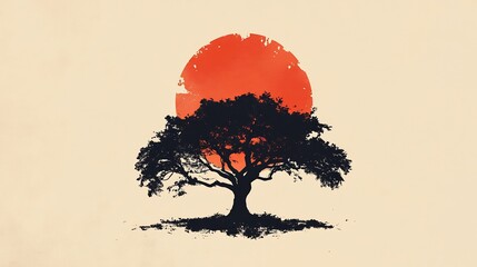 Serene Silhouette: A Majestic Tree at Sunset