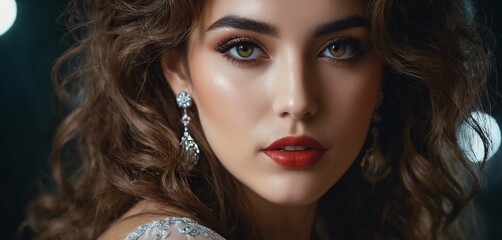 Fototapeta premium Beautiful cinematic beauty macro woman face close-up wearing sensual light make-up