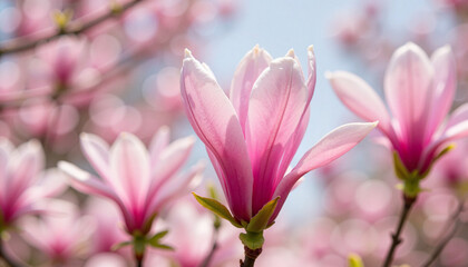 Spring background featuring blooming pink magnolia flowers with a soft bokeh effect, showcasing nature's beauty