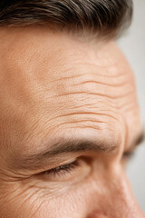 close up of man forehead showing reduced wrinkles and skin texture, highlighting effects of skincare or aging. image captures details of skin and hair