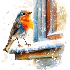Watercolor Painting of a Robin on a Snowy Windowsill in Winter