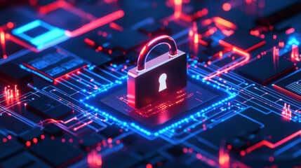futuristic concept of cybersecurity featuring digital padlock on circuit board, symbolizing data protection and security in vibrant, high tech environment
