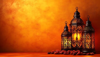 Fototapeta premium Ornate Ramadan lanterns and dates against a warm orange background.