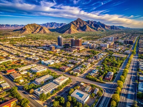 Aerial View of Phoenix, Arizona Cityscape & Surrounding Desert Landscape - Drone Photography