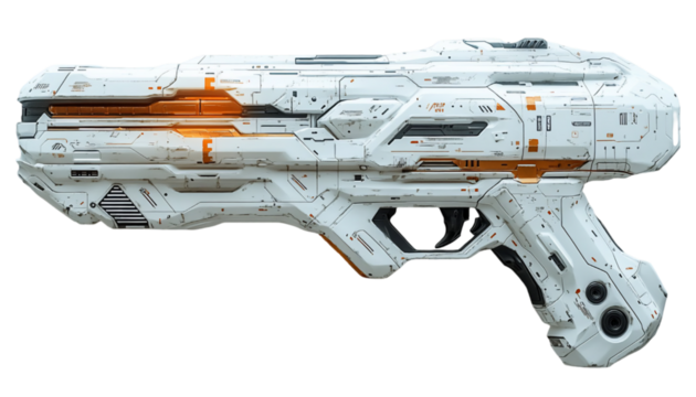 Futuristic White and Orange Handgun with Abstract Digital Camouf