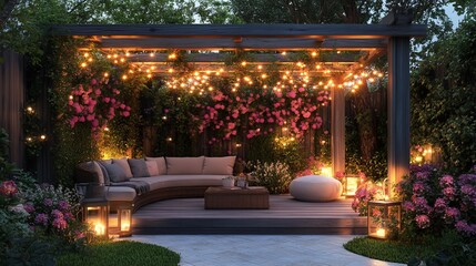 Obraz premium Cozy Outdoor Patio Featuring Comfortable Couch Surrounded by Lush Greenery and a Warm Inviting Fire Pit Creating an Ideal Setting for Relaxation and Gathering with Friends and Family