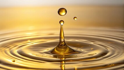 A close-up of a golden liquid droplet creating ripples, capturing the beauty of movement and light in a serene, reflective environment.