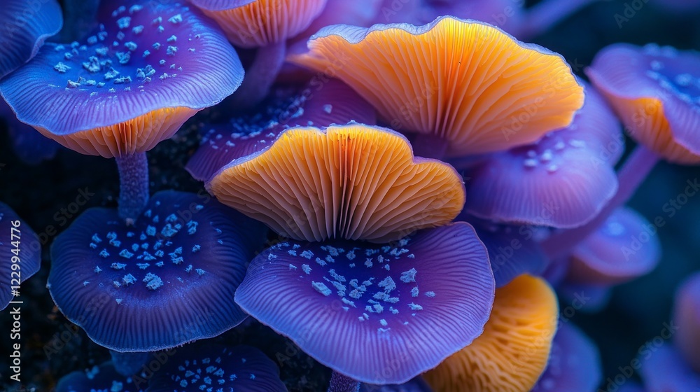 Poster a stunning cluster of macro wood mushrooms showcases brilliant yellow and purple colors under soft s