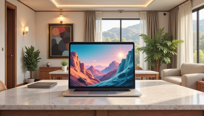 Open laptop on marble desk in stylish interior, modern design