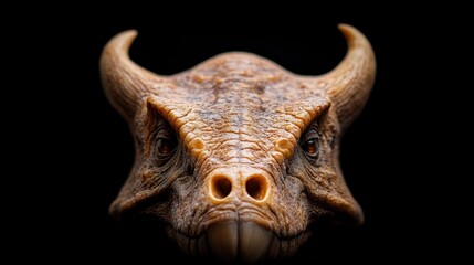 A close-up portrait of a textured creature resembling a dinosaur, showcasing intricate details and a fierce expression against a dark background, This image is ideal for articles on biology
