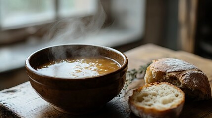 A close-up of a steaming bowl of soup on a wooden table with fresh bread beside it picture