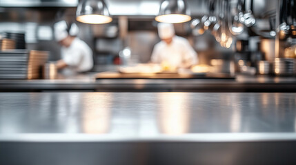 A metal table in the foreground with a soft focus on the background of a working cafe or restaurant kitchen. The table is clean, ideal as a backdrop for displaying food or kitchen supplies.