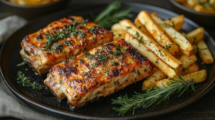 Grilled fish with fries, herbs, rustic setting, delicious meal, food photography