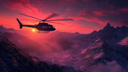 Helicopter conducts rescue operations at sunset above majestic mountain range with glowing sky