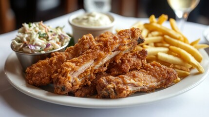 A delicious platter of fried pork ribs with a side of fries and coleslaw, beautifully arranged on a white tablecloth, inviting diners to enjoy a hearty meal.