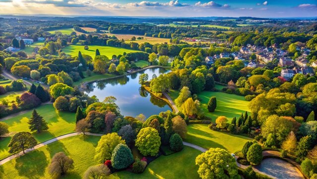 Aerial View of Priory Park, Reigate, Surrey - Lush Green Landscape, Lake & Woodland