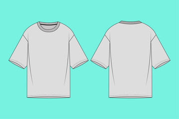  Men's crew neck drop shoulder t-shirt flat sketch template. Front and back views.
