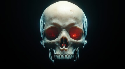 Obraz premium A detailed human skull with glowing red eyes against a dark background, perfect for themes of mortality, science, or horror, Ideal for educational materials, graphic design, or Halloween projects,