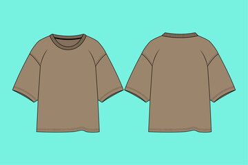  Round-neck oversized t-shirt flat sketch template. Front and back views.