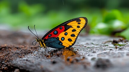 Vibrant Butterfly with Colorful Wings on Wet Ground
