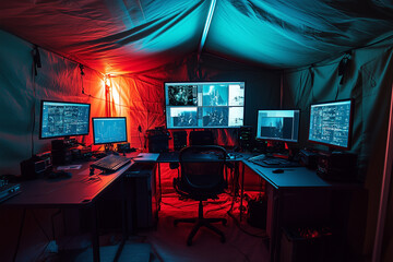 Military command center in a tent with monitors and equipment for emergency operations