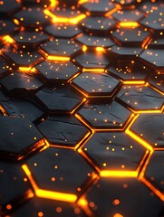 Dark futuristic hexagonal pattern, glowing orange edges, metallic surface, floating particles, 3D geometric design, sci-fi background, high contrast, detailed textures, abstract technological concept