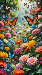  A vibrant garden in spring with blooming flowers and butterflies