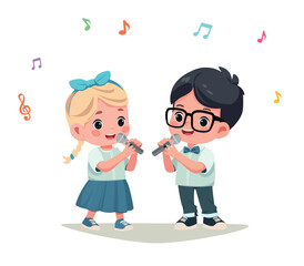 happy cute kids boy and girl sing a song