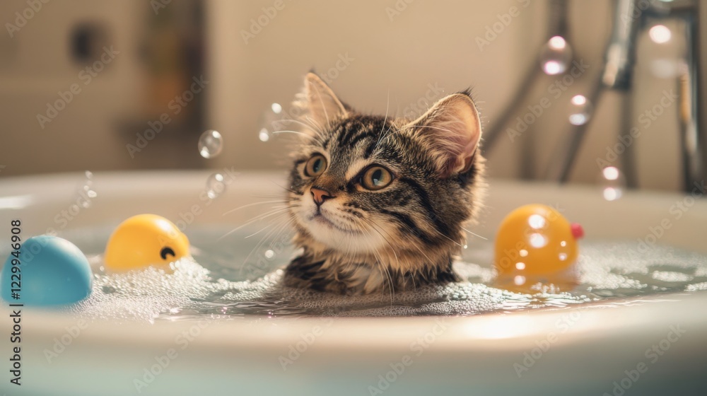 Poster a delightful image of a cat playing with bubbles in a bathtub, surrounded by floating toys, showcasi