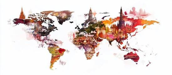 Obraz premium A Watercolor World Map: A Journey Through Global Landmarks