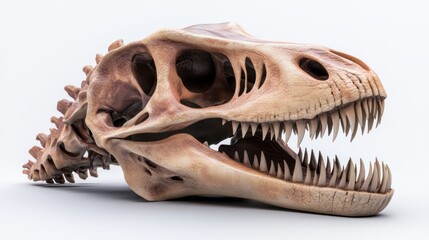 A detailed depiction of a dinosaur skull showcasing sharp teeth and intricate bone structures,...