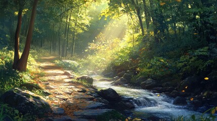 Obraz premium Sunlit forest path beside stream, autumn leaves