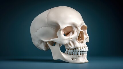 A detailed side view of a human skull, highlighting its structure and features, Ideal for educational materials, medical illustrations, and anatomical references in various contexts,