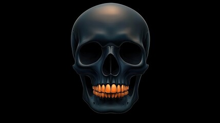 Obraz premium A stylized, digital illustration of a skull with vibrant orange teeth against a dark background, This image can be used for artistic projects, medical education, or themes related to mortality,